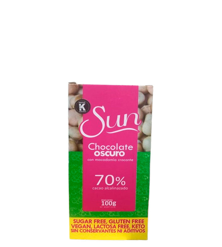 Sun Chocolate oscuro con macadamia crocante 70% cacao alcalinazado 100g