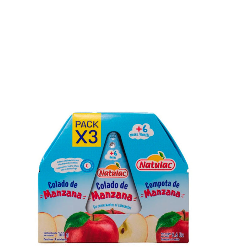Natulac Compota de manzana +6 meses 3 unidades 160g c/u