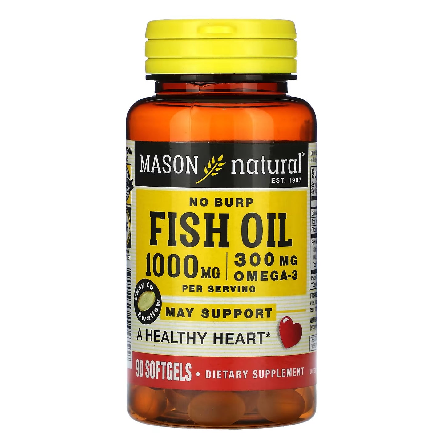 Mason Natural Aceite de pescado sin eructos 1000 mg de omega-3 300 mg - Corazón saludable 90 Capsulas Blandas