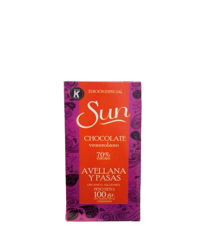 Sun Chocolate venezolano de avellana y pasas 70% cacao orgánico - saludable 100g