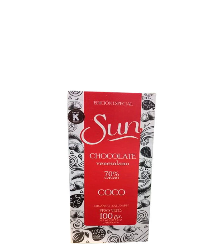 Sun Chocolate venezolano de coco 70% cacao orgánico - saludable 100g