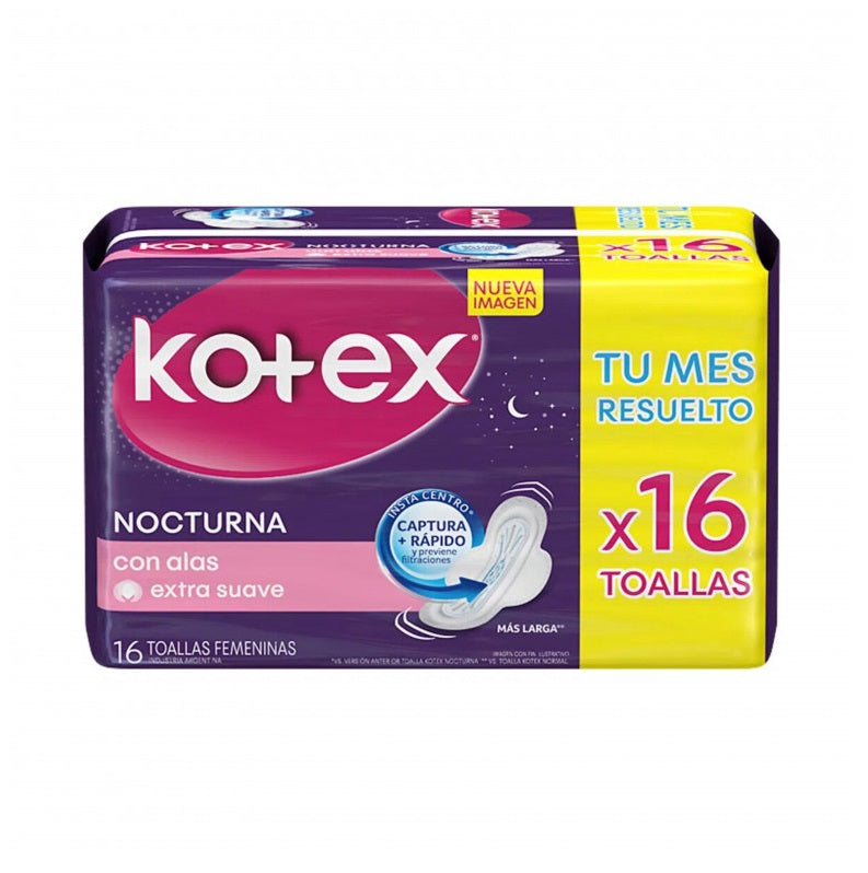 Kotex Protector Diario Nocturna Ultraprotect 8 Toallas Largas Con Alas Pack 16 Unidades