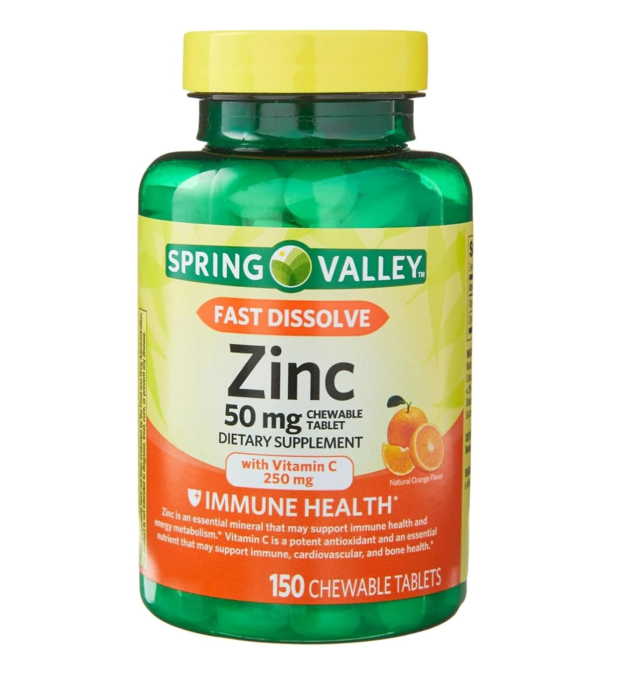 Spring Valley Zinc 50 mg Por Tableta Disolución Rápida con Vitamina C 150 Tabletas Masticables