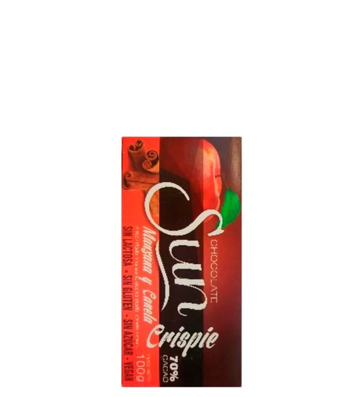 Sun Chocolate crispie de manzana y canela 70% cacao sin lactosa - sin gluten - sin azúcar - vegano 100g