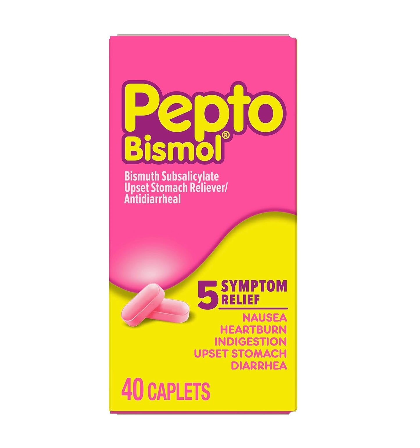 Pepto Bismol 5 Alivio de los Síntomas, Malestar Estomacal y Diarrea 40 Capsulas