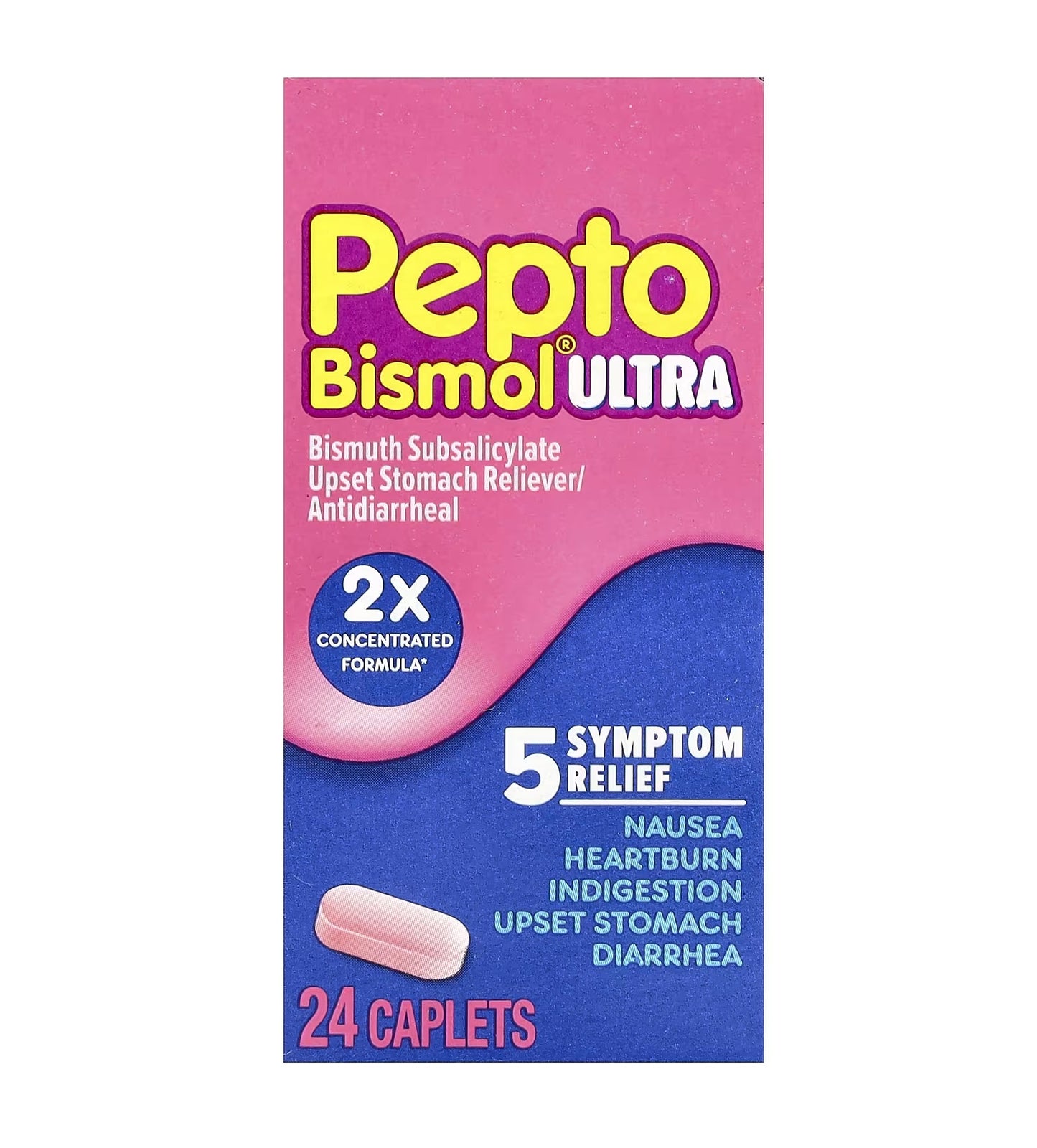 Pepto Bismol Ultra Liquido 5 Alivio de los Síntomas, Malestar Estomacal y Diarrea 24 capsulas