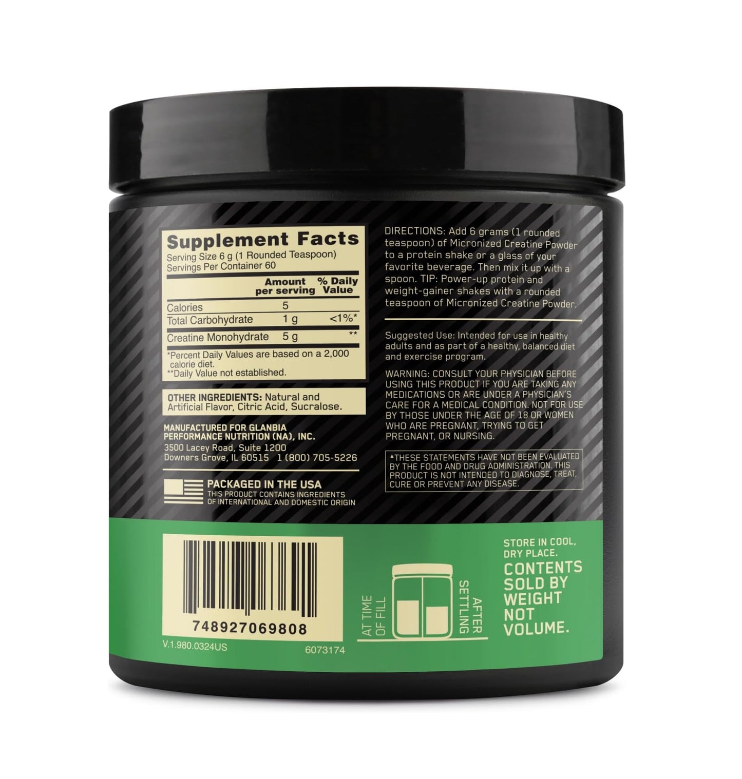 On Optimum Nutrition Monohidrato de Creatina en Polvo Limonada de Arándonos 60 Porciones 360 Gramos