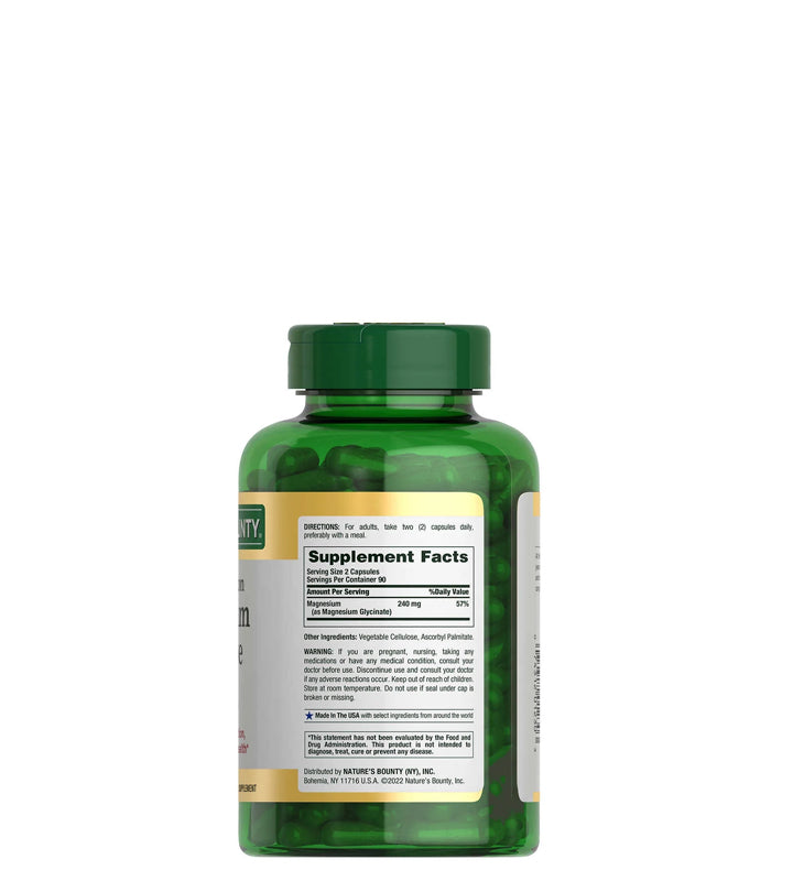 Nature's Bounty High Absorption Magnesium Glycinate 180 Cápsulas 240mg Por Servicio