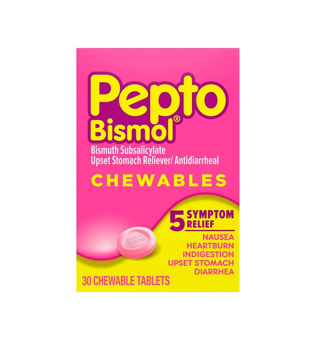 Pepto Bismol Tabletas Masticables 5 Alivio de los Síntomas, Malestar Estomacal y Diarrea