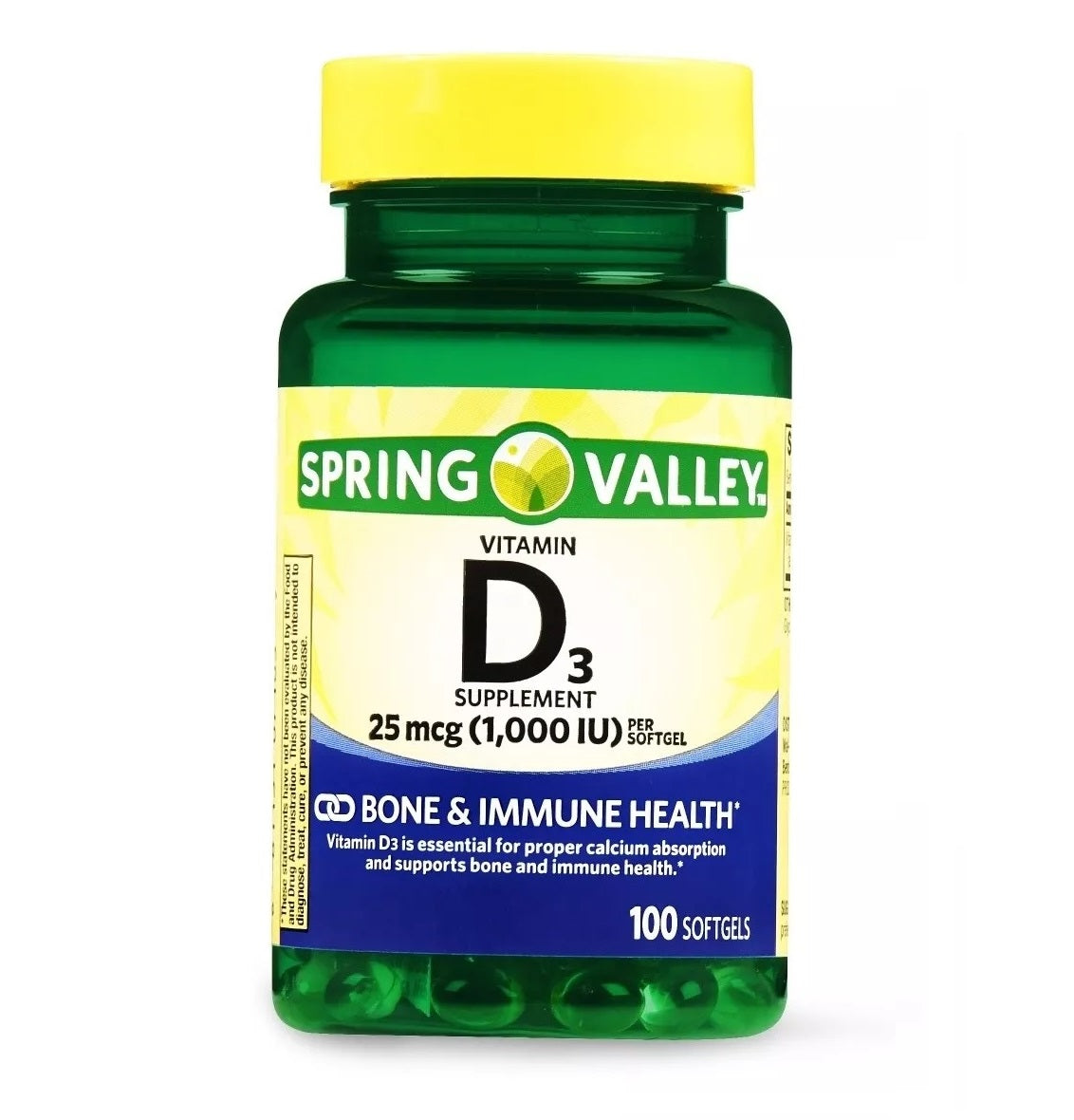 Spring Valley Vitamina D3 Suplemento 25 mcg (1,000 IU) 100 Capsulas Blandas