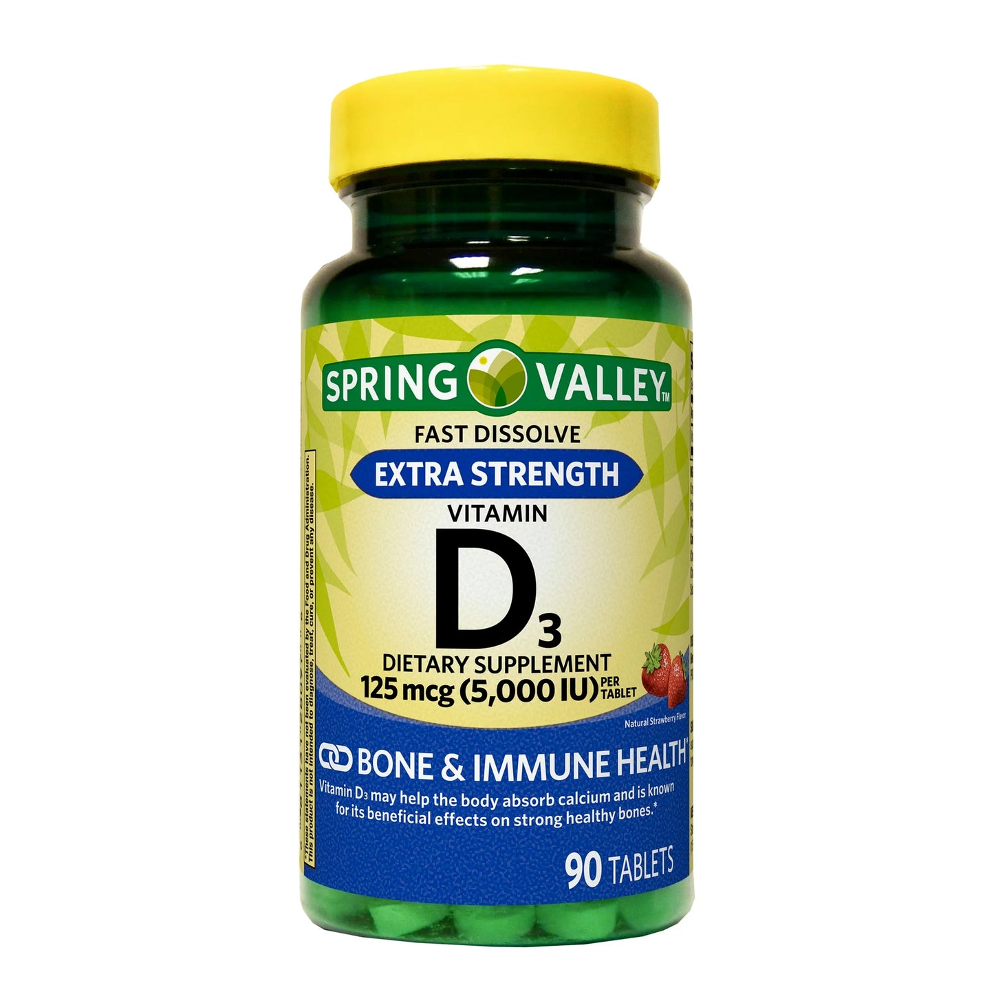 Spring Valley Vitamina D3 Extra Fuerte Disolución Rápida Suplemento Dietético 125 mcg (5,000 IU) 90 Tabletas