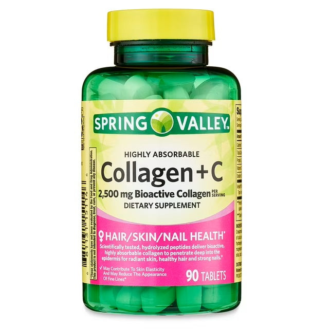 Spring Valley Colágeno Altamente Absorbible + C para la Salud Del Cabello/piel/uña, 2,500 mg, 90 Unidades