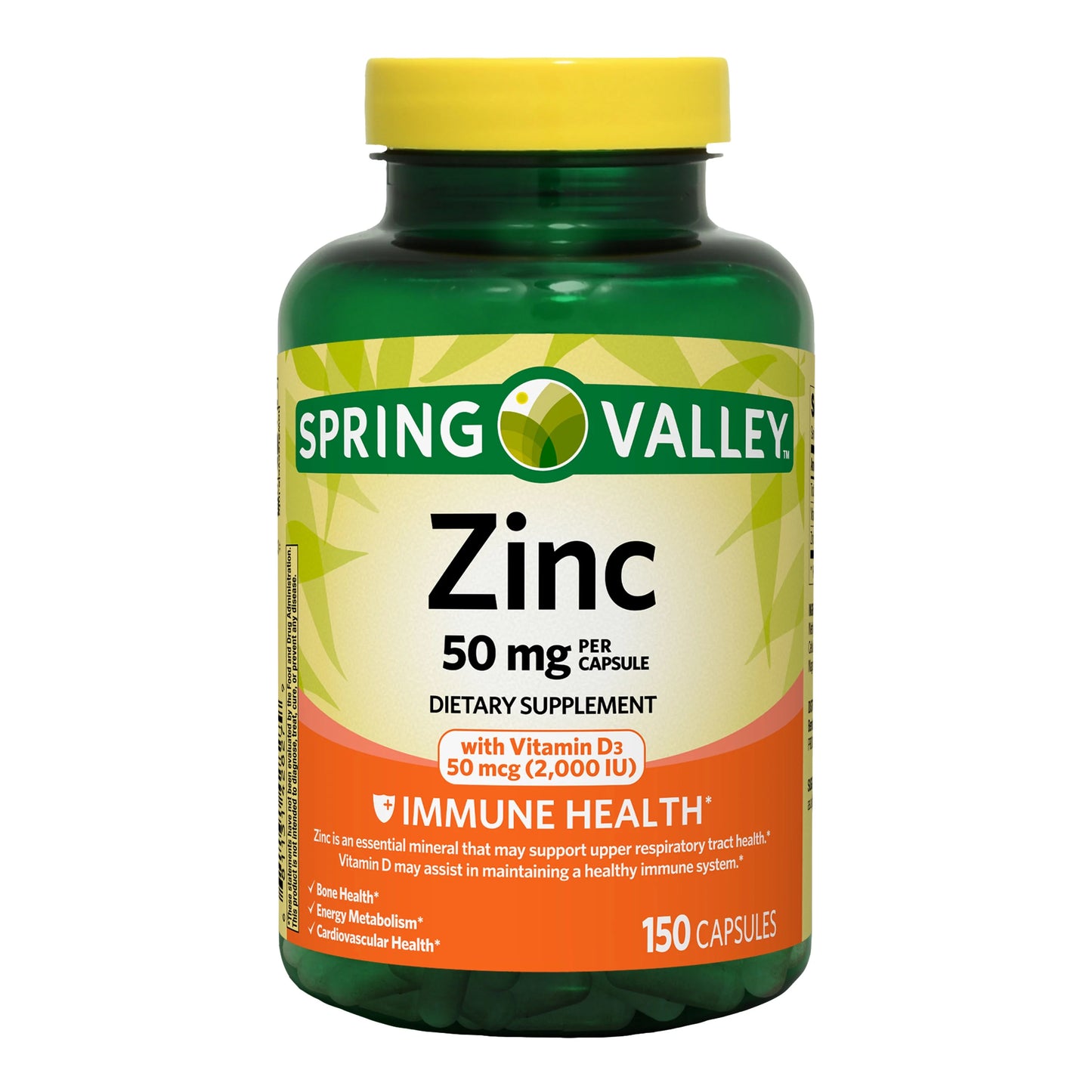 Spring Valley Zinc 50 mg Por Capsula Suplemento Dietético con Vitamina D3 150 Capsulas