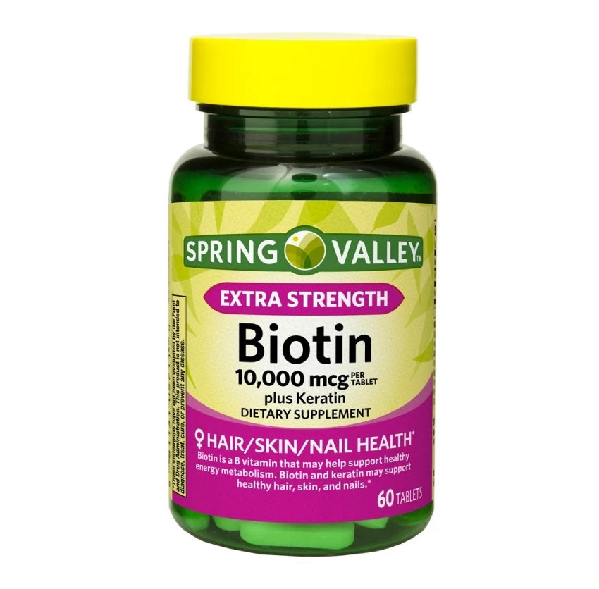 Spring Valley Biotin Extra Fuerte 10,000 mcg + Keratina Suplemento Dietético 60 Tabletas