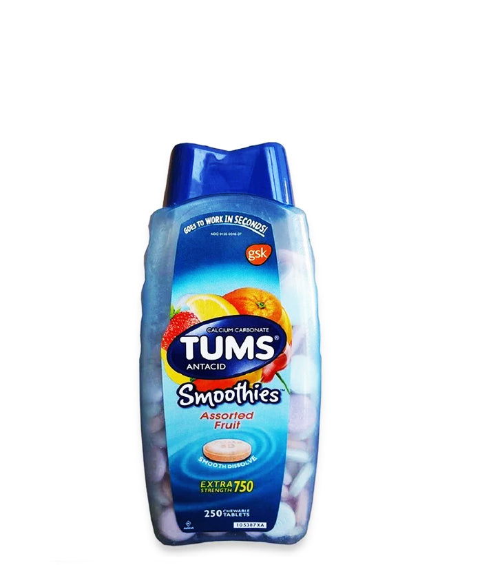 gsk Calcium Carbonate Tums Antacid Smoothies Assorted Fruit Gluten Free- Batidos Antiácidos Tums De Carbonato De Calcio Frutas Variadas 250 Tabletas