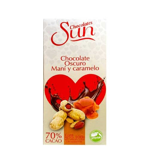 Sun Chocolate Oscuro Maní Y Caramelo 70% Cacao Sin gluten - Sugar Free 100g