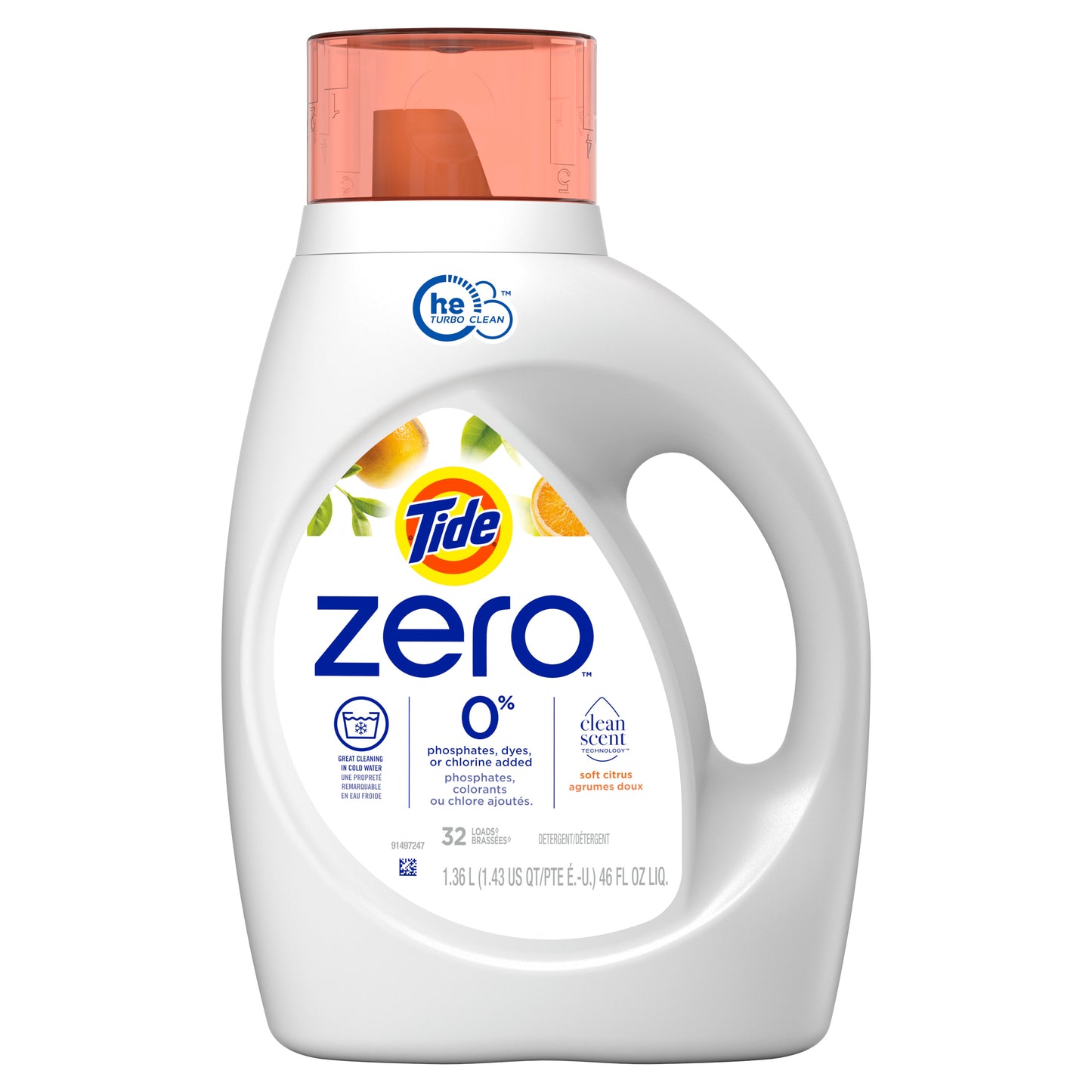 Tide Zero Liquid Detergente para colada, aroma cítrico suave 1.36L