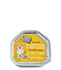 Texas Pets Dog Food Grilled Steak & Egg Flavor In Savory Juices - Comida para perros con sabor a filete a la parrilla y huevo en jugos salados 100 g