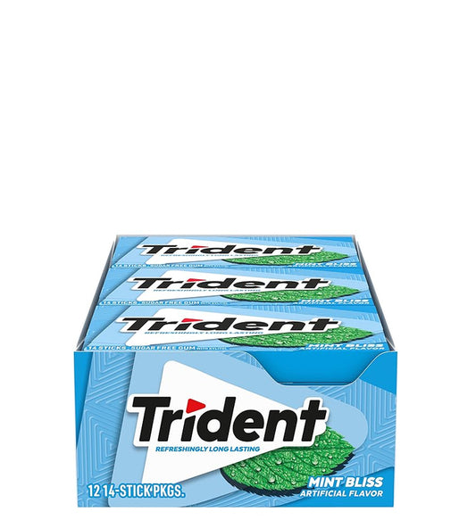 Trident Refreshingly Long Lasting Mint Bliss Artificial Flavor - Sabor artificial refrescante y duradero a menta Bliss 14 barritas de chicle sin azúcar