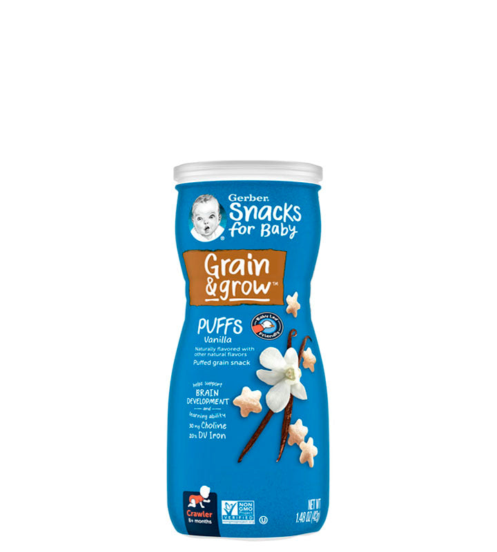 Gerber Snacks For Baby Grain & Grow Puff Vanilla - Bocadillos para bebés, granos y hojaldres de vainilla 42g