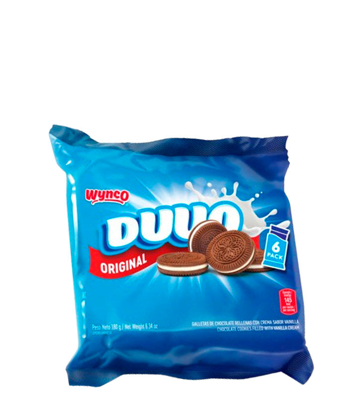 Wynco Duuo Original Galletas de chocolate rellenas con crema sabor a vainilla 6 paquetes 180g