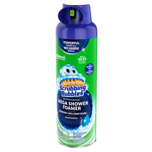 Scrubbing Bubbles Mega Shower Foamer, limpiador multisuperficie de baño y azulejos, elimina 100% restos de jabón, aroma Rainshower 567g