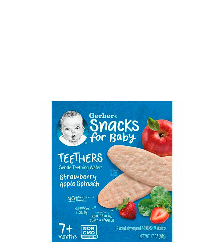 Gerber Snacks For Baby Teethers Gentle Teething Wafers Strawberry Apple Spinach - Bocadillos para mordedores de bebés, obleas suaves para la dentición, fresa, manzana, espinacas 48g