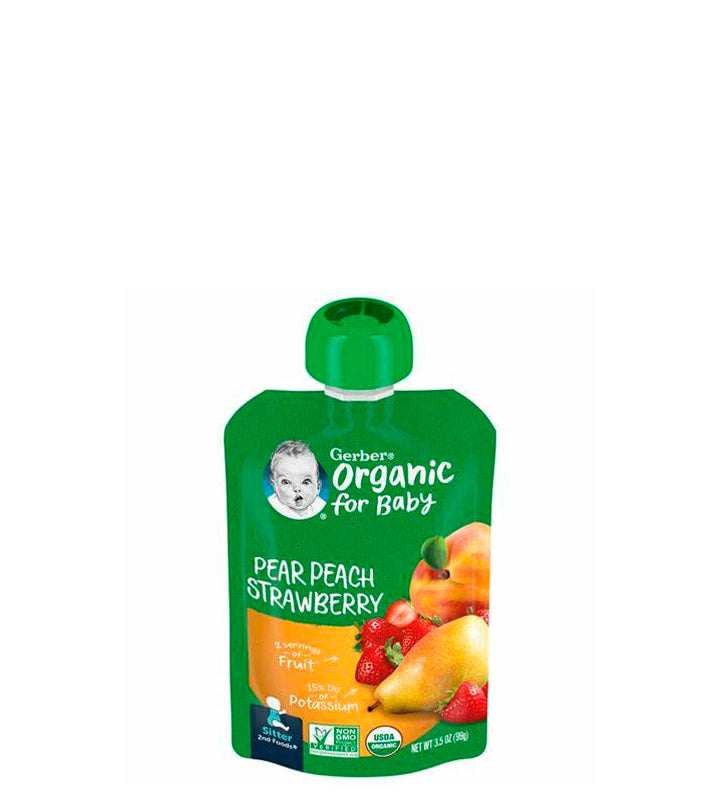 Gerber Organic For Baby Pear Peach Strawberry - Compota Orgánica para bebés de pera, durazno y fresa 99g