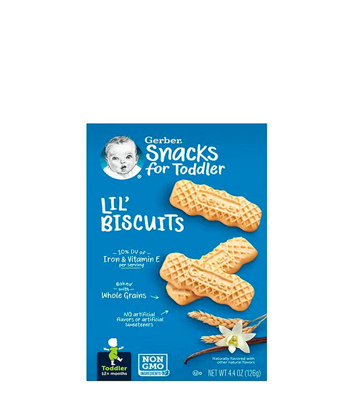 Gerber Snacks For Toddler Lil' Biscuits naturally flavored vanilla and wheat - Bocadillos para niños pequeños con sabor natural a vainilla y trigo +12 months 126g