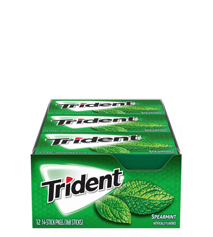 Trident Refreshingly Long Lasting Spearmint Artificial Flavor - Sabor artificial refrescante y duradero a menta verde 14 barritas de chicle sin azúcar