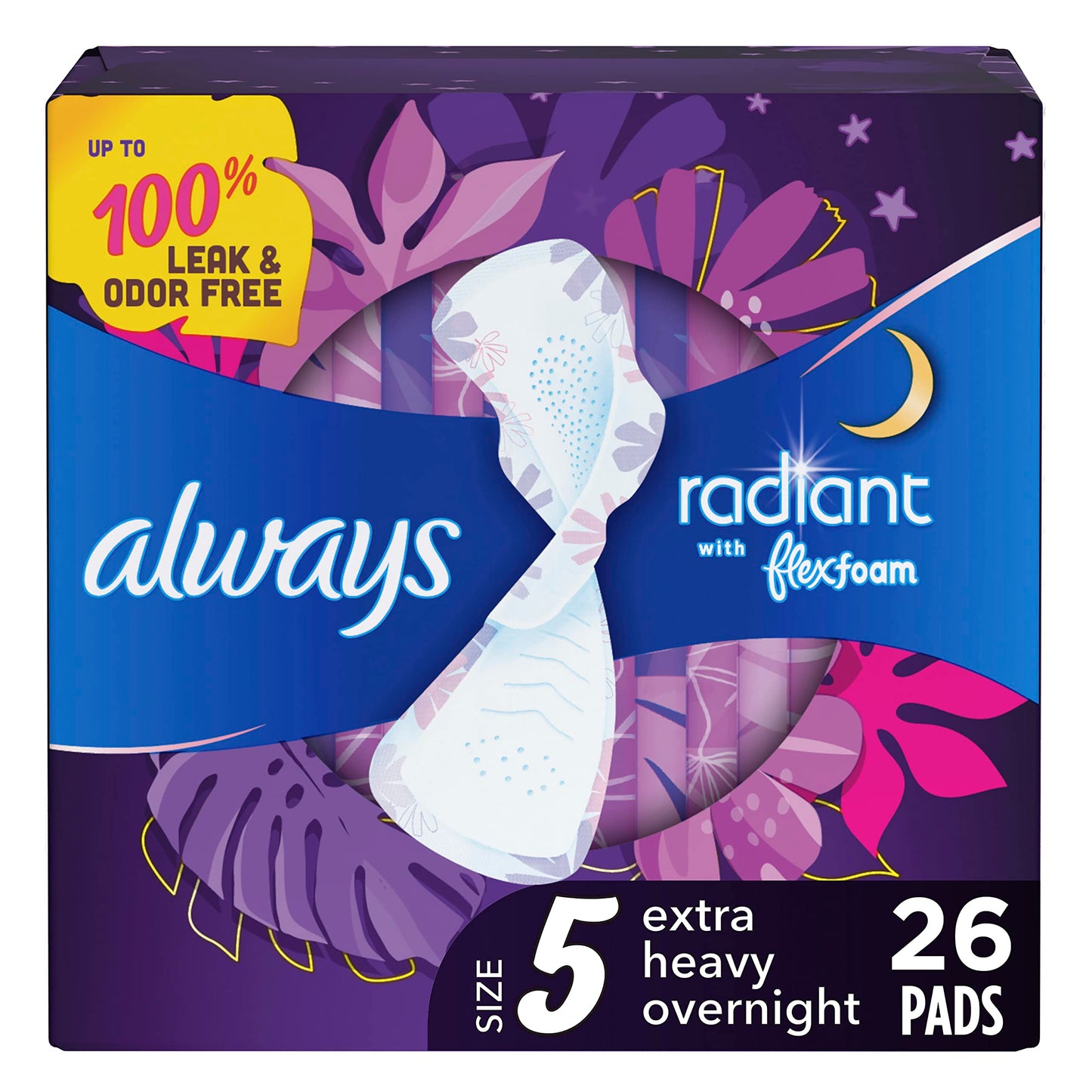 Always Radiant - Almohadillas femeninas para mujer, tamaño 5 extra pesadas para la noche, con espuma flexible, con alas, aroma ligero y limpio, 26 unidades