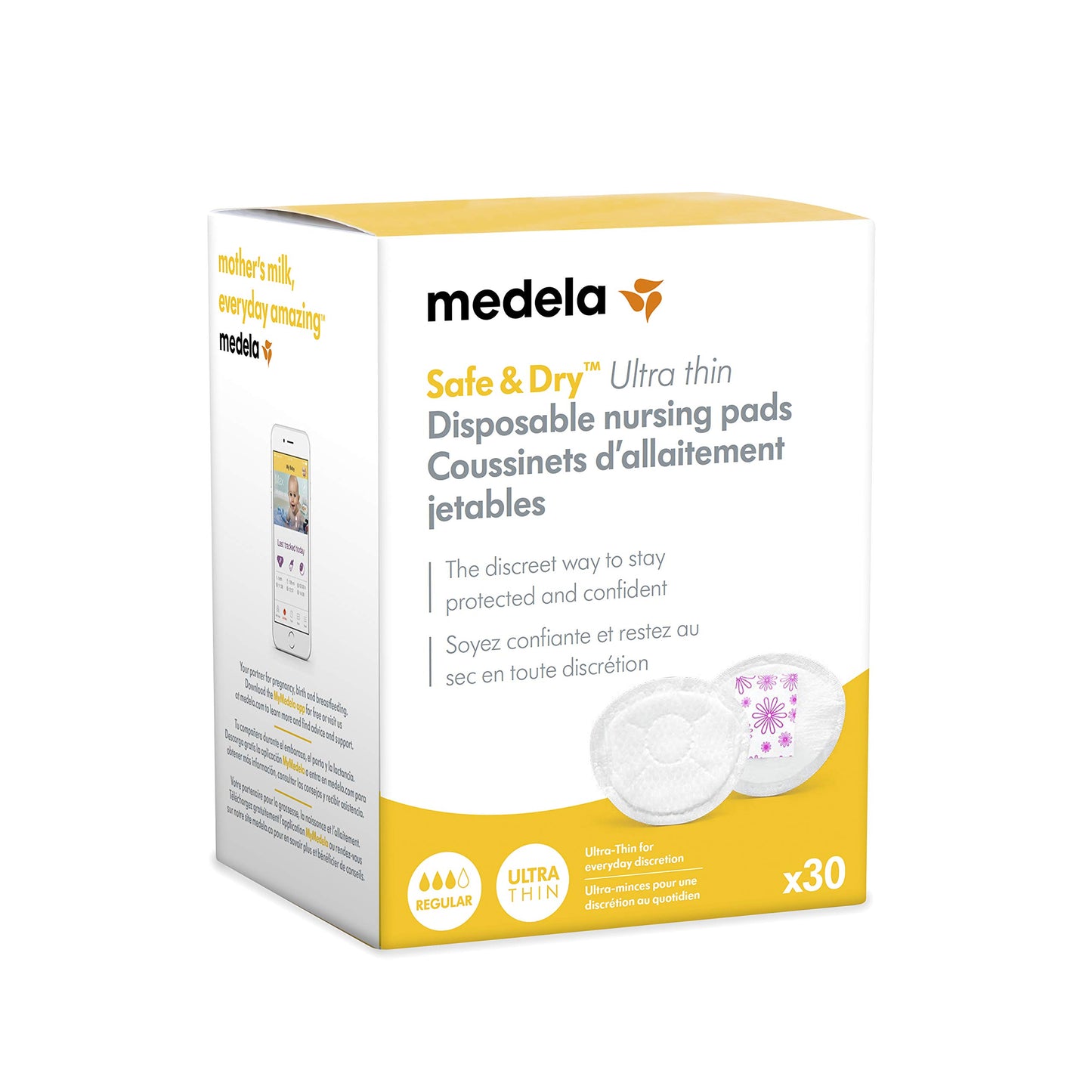 Almohadillas de lactancia Medela, paquete de 30 unidades desechables, excelente absorción, protección contra escapes, doble adhesivo para mantener las almohadillas en su lugar