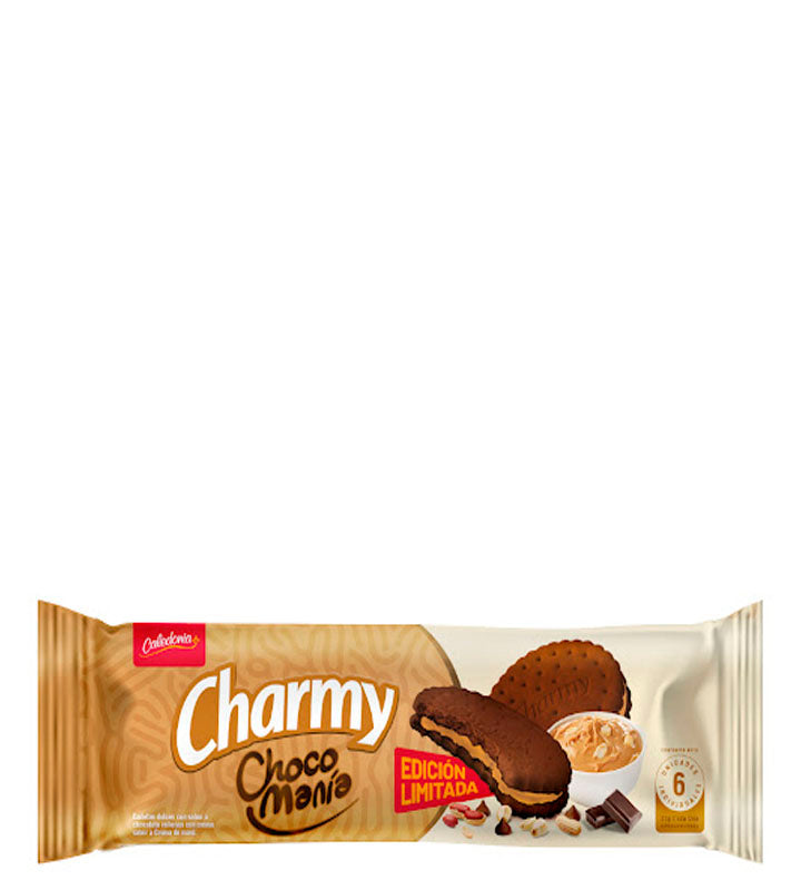 Caledonia Charmy Choco Manía Galletas dulces con sabor a chocolate rellenas con crema de maní 6 unidades individuales 192g