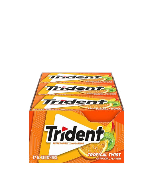 Trident Refreshingly Long Lasting Tropical Twist Artificial Flavor - Sabor artificial refrescante y duradero con toque tropical 14 barritas de chicle sin azúcar