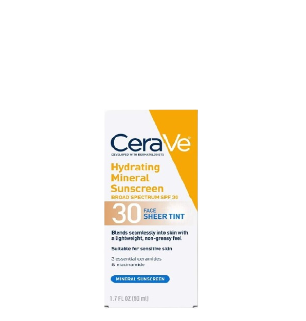 CeraVe Hydrating Mineral Sunscreen Broad Spectrum SPF30 Face Sheer Tint - Protector solar mineral hidratante de amplio espectro SPF30 tinte transparente para rostro 50ml