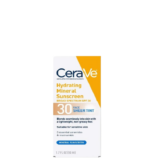 CeraVe Hydrating Mineral Sunscreen Broad Spectrum SPF30 Face Sheer Tint - Protector solar mineral hidratante de amplio espectro SPF30 tinte transparente para rostro 50ml