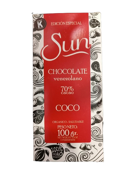 Sun chocolate coco organico saludable 70% cacao sugar free - gluten free 100gr