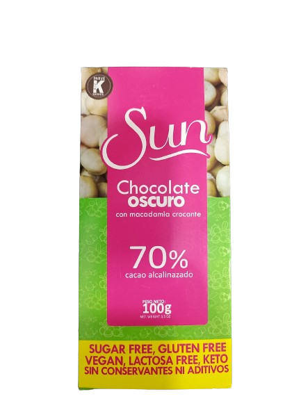 Sun chocolate oscuro con macadamia 70% cacao alcalinazado sugar free - gluten free 100gr