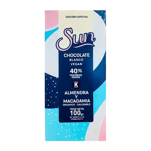 Sun Chocolate Blanco Almendras y Macadamia 40% Manteca de Cacao Gluten Free - Sugar Free 100 gr