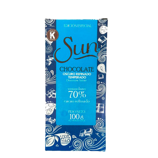 Sun Chocolate Oscuro Refinado Temperado 70% Cacao Refinado Gluten Free - Sugar Free 100 gr