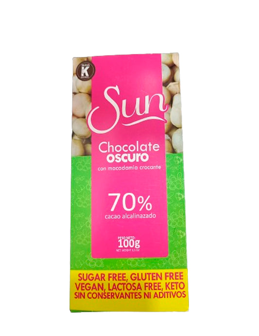 Sun Chocolate Oscuro Con Macadamia Crocante 70% Cacao Alcalinazado Gluten Free - Sugar Free 100 gr