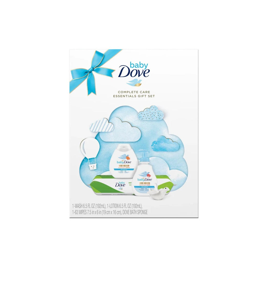 Dove Baby Complete Care Essentials Gift Set 1-Wash 192ml - 1-Lotion 192ml - 1-63Wipes 19cm x 16cm, Dove Bath Sponge