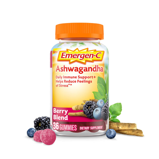 Emergen-C Gomitas de vitamina C y Ashwagandha, suplemento dietético para apoyo inmunológico, mezcla de bayas, 36 unidades