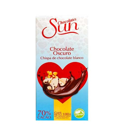 Sun Chocolate Oscuro Chispa De Chocolate Blanco  70% Cacao Sin gluten - Sugar Free 100g