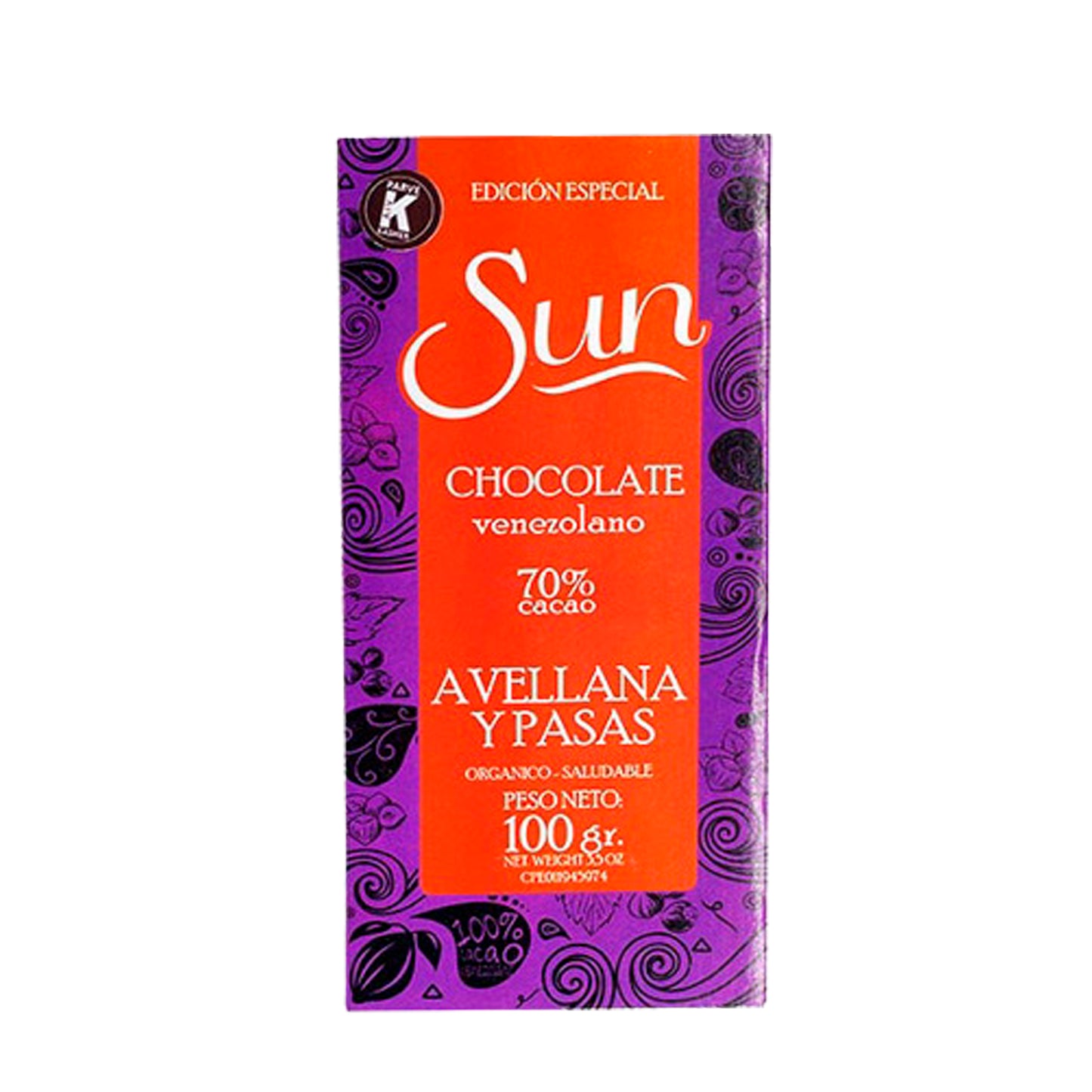 Sun chocolates Avellanas y Pasas 70% Cacao Gluten Free - Sugar Free 100 gr